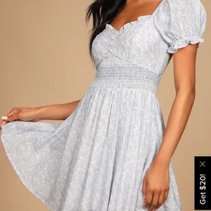 Lulus Brilliantly Blooming Blue Floral Print Puff Sleeve Skater Dress